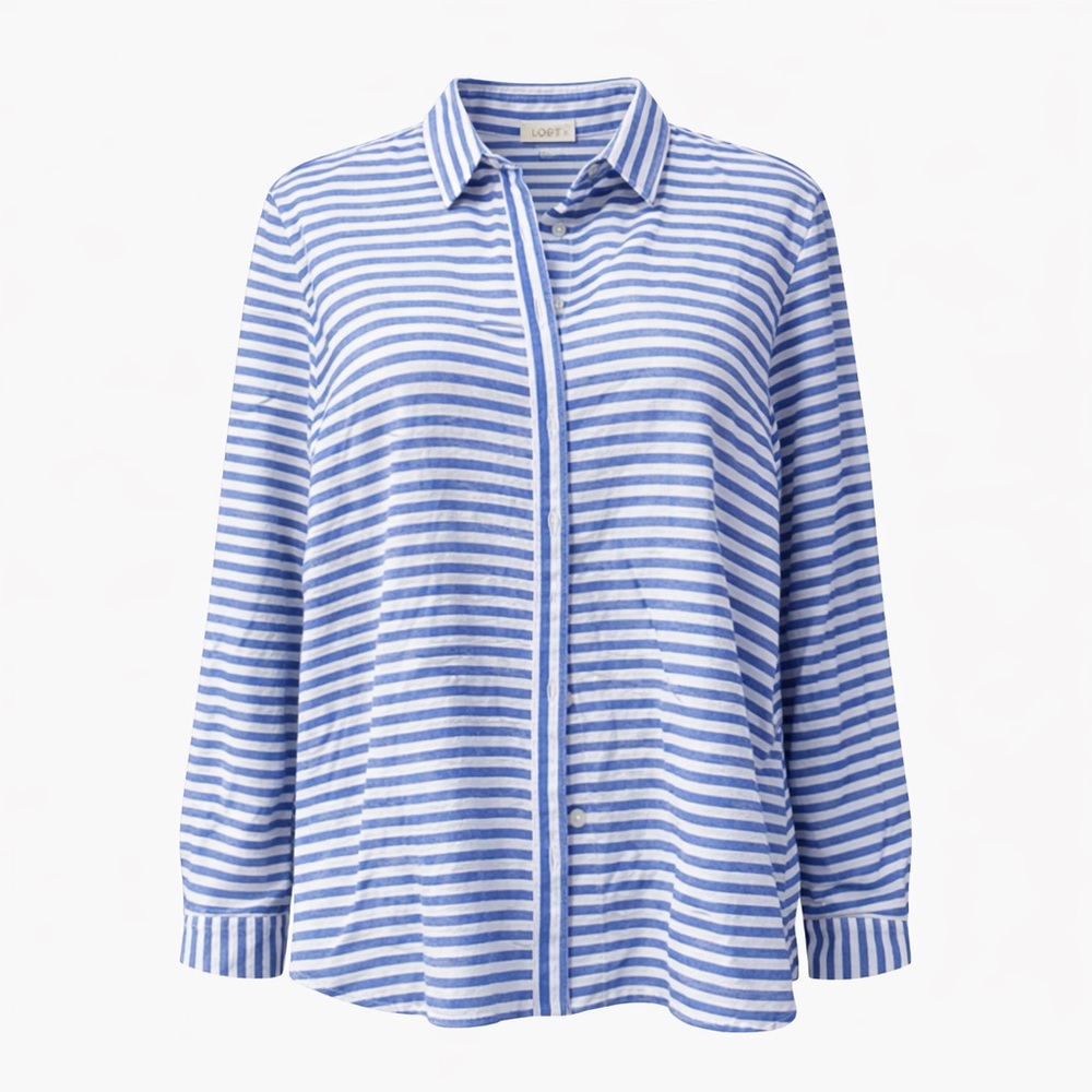 LOFT Blue White Striped Button Down Shirt XL 100% Cotton Classic Work Blouse
